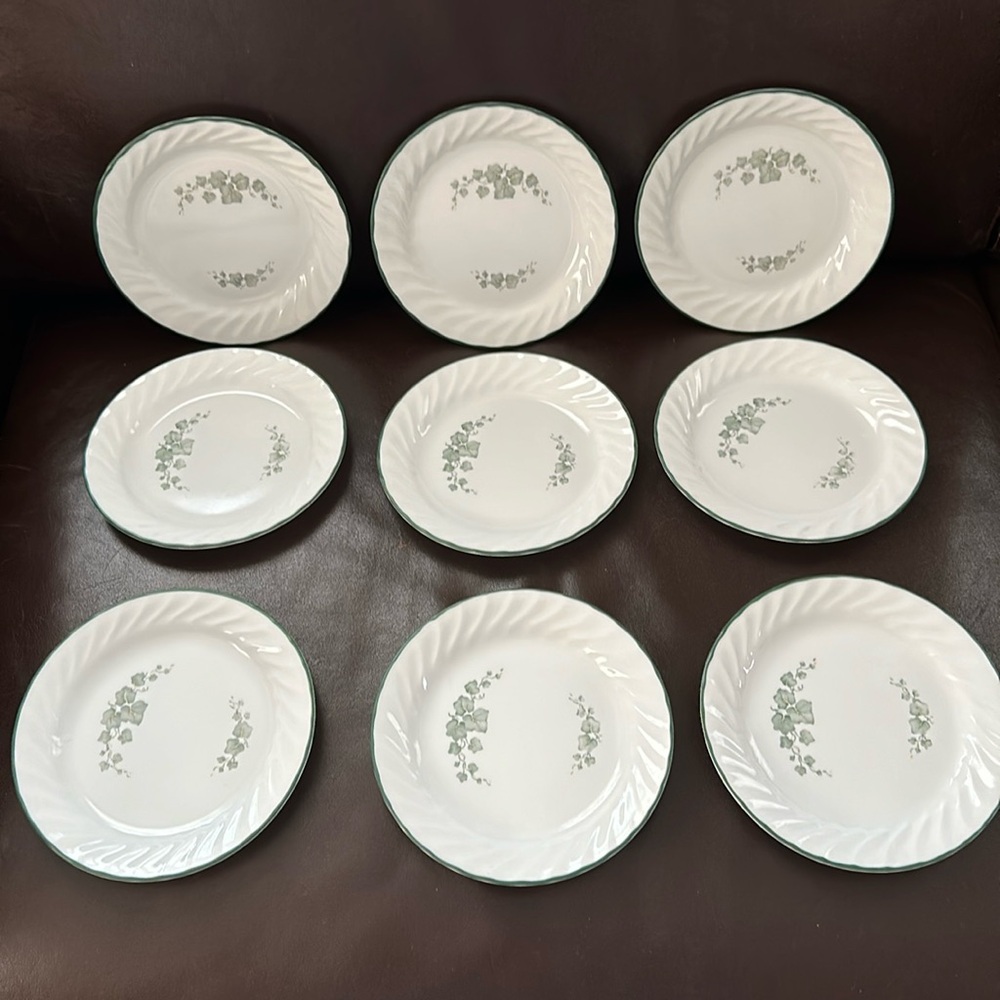 Corelle Callaway Ivy Plates 9 pieces vintage swirl green rim 7" made in USA